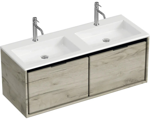Souprava koupelnového nábytku Sanox Loft ŠxVxH 120,5 (60/60)) x 47 x 45,5 cm barva čela craft oak 2dílná s dvojitým umyvadlem z minerální litiny matně bílá Dvojité umyvadlo se dvěma umyvadly a spodní skříňkou