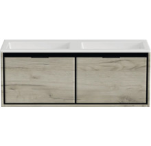 Skříňka pod umyvadlo se dvěma umyvadly a dvěma zásuvkami s dřevěným dekorem