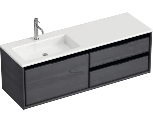 Souprava koupelnového nábytku Sanox Loft ŠxVxH 140,5 x 47 x 45,5 cm barva čela black oak 2dílná s umyvadlem z minerální litiny umyvadlo levé matně bílá Skříňka pod umyvadlo s umyvadlem a dvěma zásuvkami