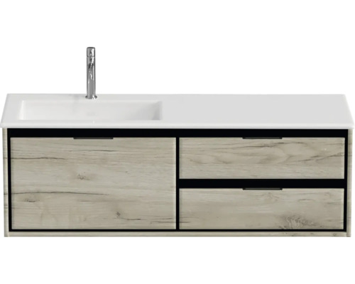 Souprava koupelnového nábytku Sanox Loft ŠxVxH 140,5 x 47 x 45,5 cm barva čela craft oak 2dílná s umyvadlem z minerální litiny umyvadlo levé matně bílá Umyvadlová skříňka se dvěma zásuvkami a umyvadlem
