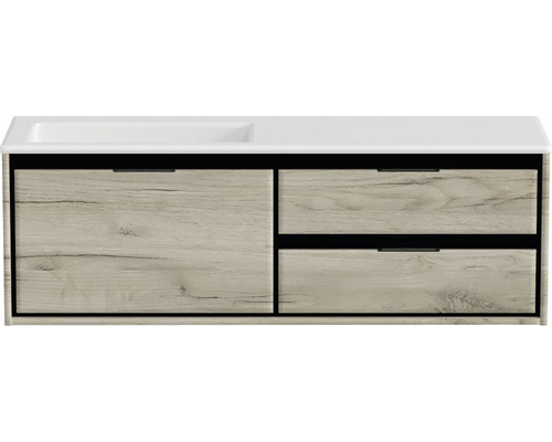 Souprava koupelnového nábytku Sanox Loft ŠxVxH 140,5 x 47 x 45,5 cm barva čela craft oak 2dílná s umyvadlem z minerální litiny umyvadlo levé matně bílá bez otvoru na kohout Skříňka pod umyvadlo se dvěma zásuvkami a umyvadlem