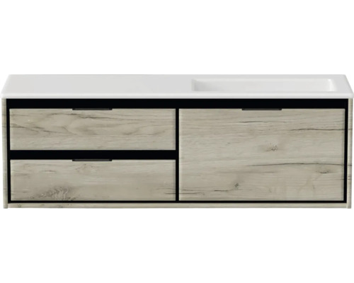 Souprava koupelnového nábytku Sanox Loft ŠxVxH 140,5 x 47 x 45,5 cm barva čela craft oak 2dílná s umyvadlem z minerální litiny umyvadlo pravé bez otvoru na kohout Skříňka pod umyvadlo se dvěma zásuvkami a umyvadlem