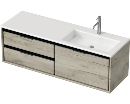 Souprava koupelnového nábytku Sanox Loft ŠxVxH 140,5 x 47 x 45,5 cm barva čela craft oak 2dílná s umyvadlem z minerální litiny umyvadlo pravé matně bílá Umyvadlo se skříňkou, umyvadlem, zásuvkami a baterií