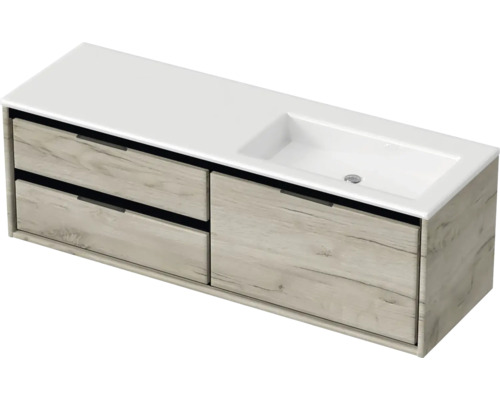 Skříňka pod umyvadlo s umyvadlem a dvěma zásuvkami v dřevěném designu