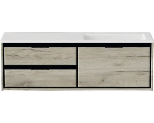 Souprava koupelnového nábytku Sanox Loft ŠxVxH 140,5 x 47 x 45,5 cm barva čela craft oak 2dílná s umyvadlem z minerální litiny umyvadlo pravé matně bílá bez otvoru na kohout Skříňka pod umyvadlo se dvěma zásuvkami a umyvadlem