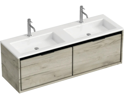 Souprava koupelnového nábytku Sanox Loft ŠxVxH 140,5 x 47 x 45,5 cm barva čela craft oak 2dílná s dvojitým umyvadlem z minerální litiny Dvojité umyvadlo se dvěma umyvadly a spodní skříňkou se zásuvkami ve vzhledu dřeva