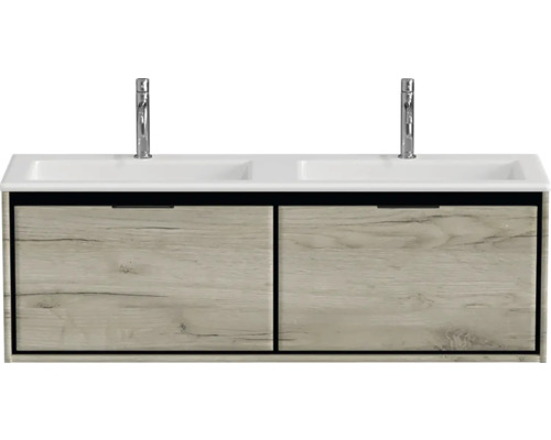 Skříňka pod umyvadlo se dvěma umyvadly a dvěma zásuvkami v dřevěném vzhledu