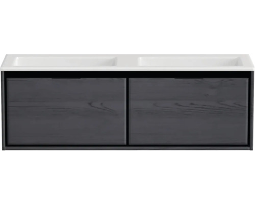 Souprava koupelnového nábytku Sanox Loft ŠxVxH 140,5 x 47 x 45,5 cm barva čela black oak 2dílná s dvojitým umyvadlem z minerální litiny bez otvoru na kohout Skříňka pod umyvadlo se dvěma umyvadly a dvěma dvířky