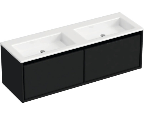 Souprava koupelnového nábytku Sanox Loft ŠxVxH 140,5 x 47 x 45,5 cm barva čela matně černá 2dílná s dvojitým umyvadlem z minerální litiny bez otvoru na kohout Umyvadlová skříňka se dvěma umyvadly a spodní skříňkou do koupelny