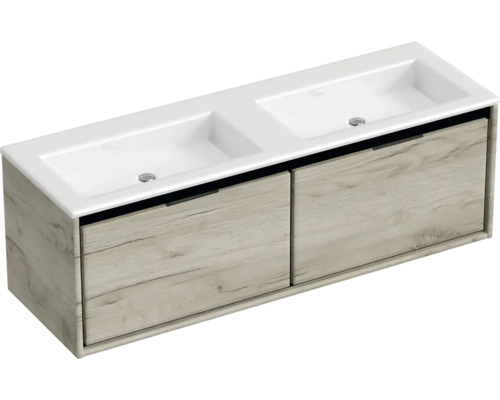 Dvojité umyvadlo se skříňkou a dvěma zásuvkami v dřevěném designu do koupelny