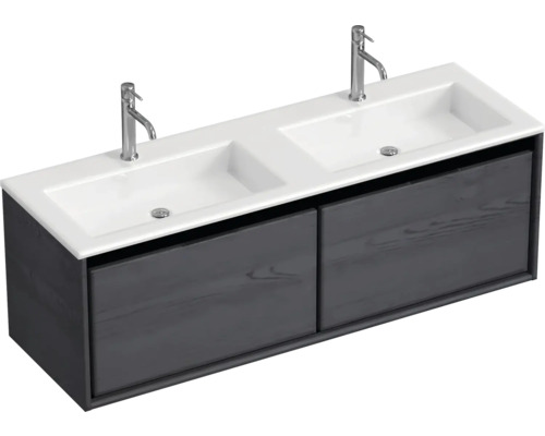 Souprava koupelnového nábytku Sanox Loft ŠxVxH 140,5 x 47 x 45,5 cm barva čela black oak 2dílná s dvojitým umyvadlem z minerální litiny matně bílá Umyvadlová skříňka se dvěma umyvadly, dvěma bateriemi a spodní skříňkou se zásuvkami