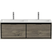 Skříňka pod umyvadlo se dvěma umyvadly a vzhledem dřeva