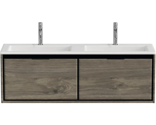 Skříňka pod umyvadlo se dvěma umyvadly a vzhledem dřeva