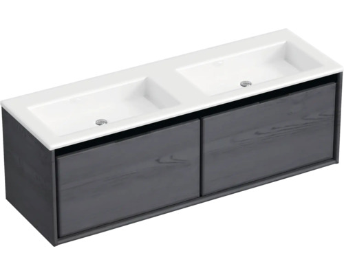 Souprava koupelnového nábytku Sanox Loft ŠxVxH 140,5 x 47 x 45,5 cm barva čela black oak 2dílná s dvojitým umyvadlem z minerální litiny matně bílá bez otvoru na kohout Skříňka pod umyvadlo se dvěma umyvadly a zásuvkami