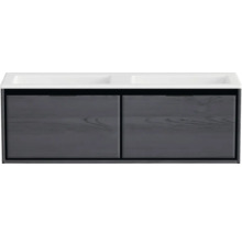 Skříňka pod umyvadlo se dvěma umyvadly a dvěma dřevěnými zásuvkami