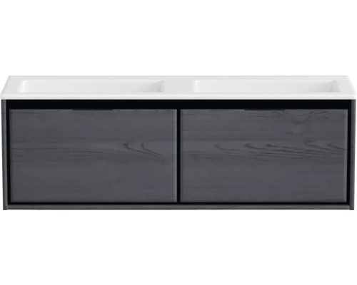 Skříňka pod umyvadlo se dvěma umyvadly a dvěma dřevěnými zásuvkami