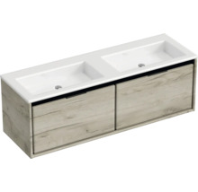 Dvojité umyvadlo se dvěma zásuvkami v dřevěném dekoru do koupelny