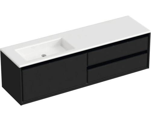 Souprava koupelnového nábytku Sanox Loft ŠxVxH 160,5 x 47 x 45,5 cm barva čela matně černá 2dílná s umyvadlem z minerální litiny umyvadlo levé bez otvoru na kohout Skříňka pod umyvadlo se dvěma zásuvkami a keramickým umyvadlem