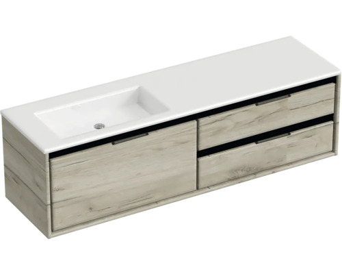 Souprava koupelnového nábytku Sanox Loft ŠxVxH 160,5 x 47 x 45,5 cm barva čela craft oak 2dílná s umyvadlem z minerální litiny umyvadlo levé bez otvoru na kohout Skříňka pod umyvadlo se dvěma zásuvkami a umyvadlem