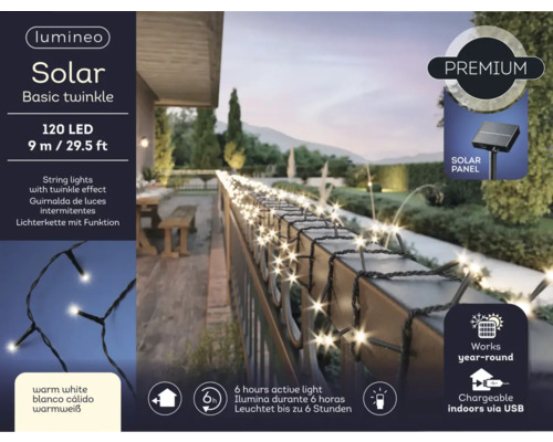 Lumineo Solární světelný řetěz Basic Twinkle se 120 LED a délkou 9 metrů pro venkovní dekoraci