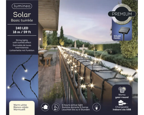 Světelný řetěz se solárním panelem, 240 LED, délka 18 metrů, s blikajícím efektem