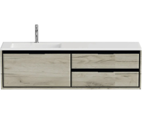 Souprava koupelnového nábytku Sanox Loft ŠxVxH 160,5 x 47 x 45,5 cm barva čela craft oak 2dílná s umyvadlem z minerální litiny umyvadlo levé matně bílá Skříňka pod umyvadlo s umyvadlem a baterií
