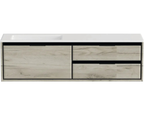 Souprava koupelnového nábytku Sanox Loft ŠxVxH 160,5 x 47 x 45,5 cm barva čela craft oak 2dílná s umyvadlem z minerální litiny umyvadlo levé matně bílá bez otvoru na kohout Skříňka pod umyvadlo se zásuvkami a dřevěným dekorem