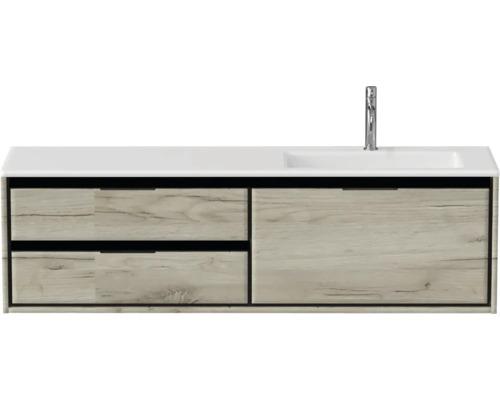 Skříňka pod umyvadlo se dvěma zásuvkami, umyvadlem a baterií.