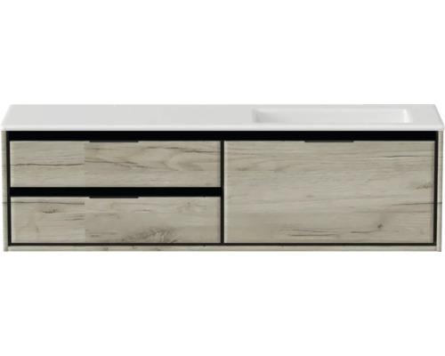 Souprava koupelnového nábytku Sanox Loft ŠxVxH 160,5 x 47 x 45,5 cm barva čela craft oak 2dílná s umyvadlem z minerální litiny umyvadlo pravé bez otvoru na kohout Skříňka pod umyvadlo s výsuvy a keramickým umyvadlem