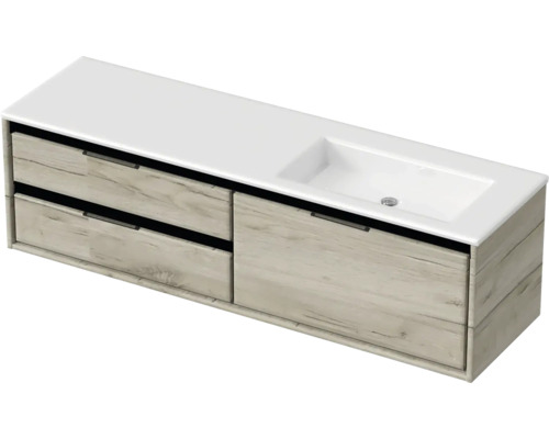 Souprava koupelnového nábytku Sanox Loft ŠxVxH 160,5 x 47 x 45,5 cm barva čela craft oak 2dílná s umyvadlem z minerální litiny umyvadlo pravé matně bílá bez otvoru na kohout Skříňka pod umyvadlo se dvěma zásuvkami a umyvadlem