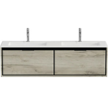 Skříňka pod umyvadlo se dvěma umyvadly a vzhledem dřeva