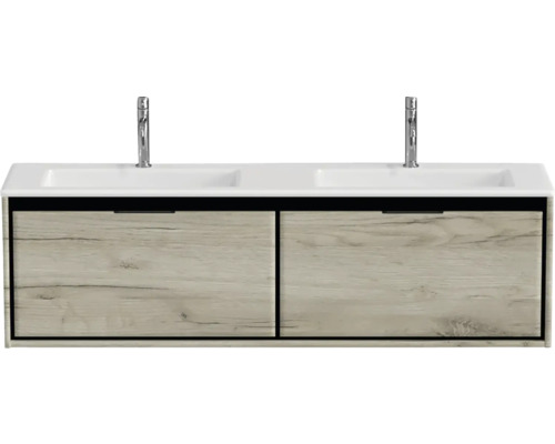 Skříňka pod umyvadlo se dvěma umyvadly a vzhledem dřeva