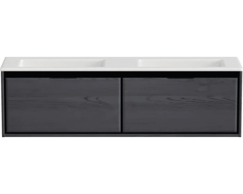 Souprava koupelnového nábytku Sanox Loft ŠxVxH 160,5 x 47 x 45,5 cm barva čela black oak 2dílná s dvojitým umyvadlem z minerální litiny bez otvoru na kohout Skříňka pod umyvadlo se dvěma umyvadly a dvěma zásuvkami