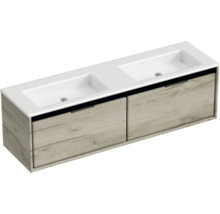 Skříňka pod umyvadlo se dvěma umyvadly a dvěma zásuvkami ve dřevěném designu