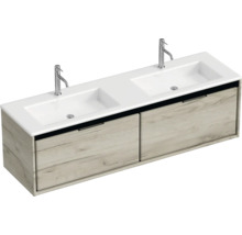 Skříňka pod umyvadlo se dvěma umyvadly a dvěma zásuvkami v dřevěném designu