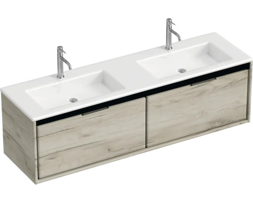 Skříňka pod umyvadlo se dvěma umyvadly a dvěma zásuvkami v dřevěném designu