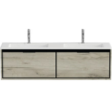 Skříňka pod umyvadlo se dvěma umyvadly a dvěma zásuvkami v dřevěném designu