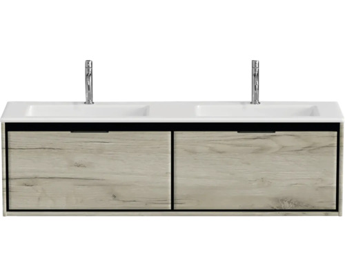 Souprava koupelnového nábytku Sanox Loft ŠxVxH 160,5 x 47 x 45,5 cm barva čela craft oak 2dílná s dvojitým umyvadlem z minerální litiny matně bílá Skříňka pod umyvadlo se dvěma umyvadly a dvěma zásuvkami v dřevěném designu
