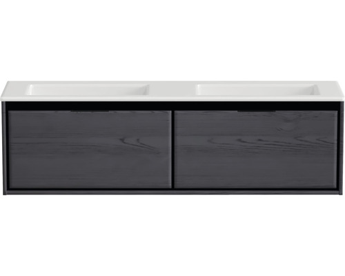 Souprava koupelnového nábytku Sanox Loft ŠxVxH 160,5 x 47 x 45,5 cm barva čela black oak 2dílná s dvojitým umyvadlem z minerální litiny matně bílá bez otvoru na kohout Skříňka pod umyvadlo se dvěma umyvadly a zásuvkami