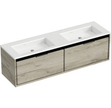 Umyvadlová skříňka se dvěma umyvadly a strukturou dřeva