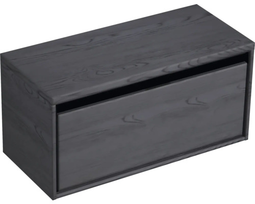 Šedá skříňka pod umyvadlo s jednou zásuvkou.