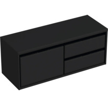 Černá skříňka pod umyvadlo s jedněmi dvířky a dvěma zásuvkami