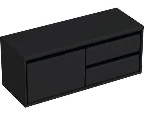 Černá skříňka pod umyvadlo s jedněmi dvířky a dvěma zásuvkami