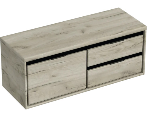 Závěsná skříňka pod umyvadlo se dvěma zásuvkami v dřevěném dekoru