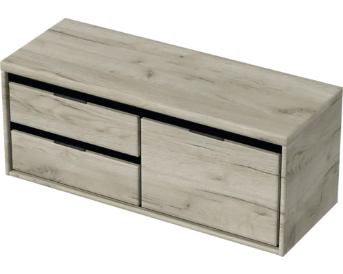 Závěsná skříňka pod umyvadlo se zásuvkami ve vzhledu dřeva