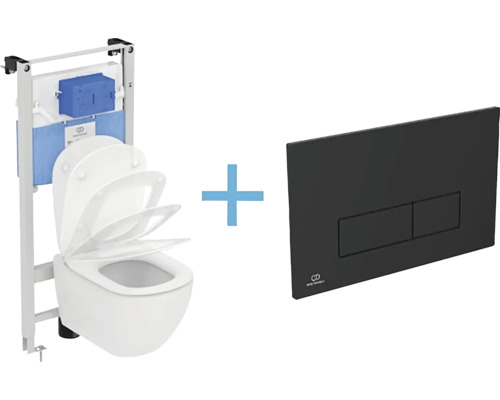 Závěsné WC AQUABLADE set Ideal Standard Tesi s instalačním systémem ProSys, ovládací tlačítko černé, sedátko se SoftClose