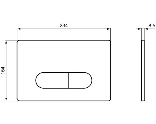 Rozměry ovládacího panelu pro splachování toalety: 234 mm široký, 154 mm vysoký a 8,5 mm hluboký