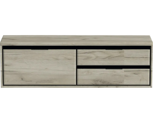 Závěsná skříňka pod umyvadlo se zásuvkami ve vzhledu dřeva