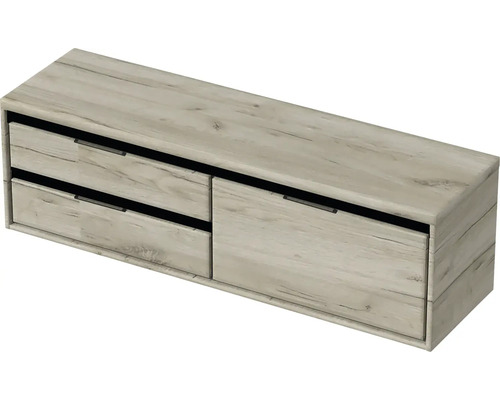 Závěsná skříňka pod umyvadlo se třemi zásuvkami ve vzhledu dřeva