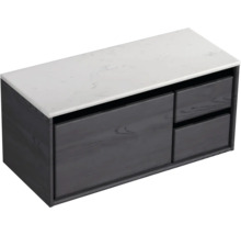 Skříňka pod umyvadlo se zásuvkami a deskou v mramorovém vzhledu.